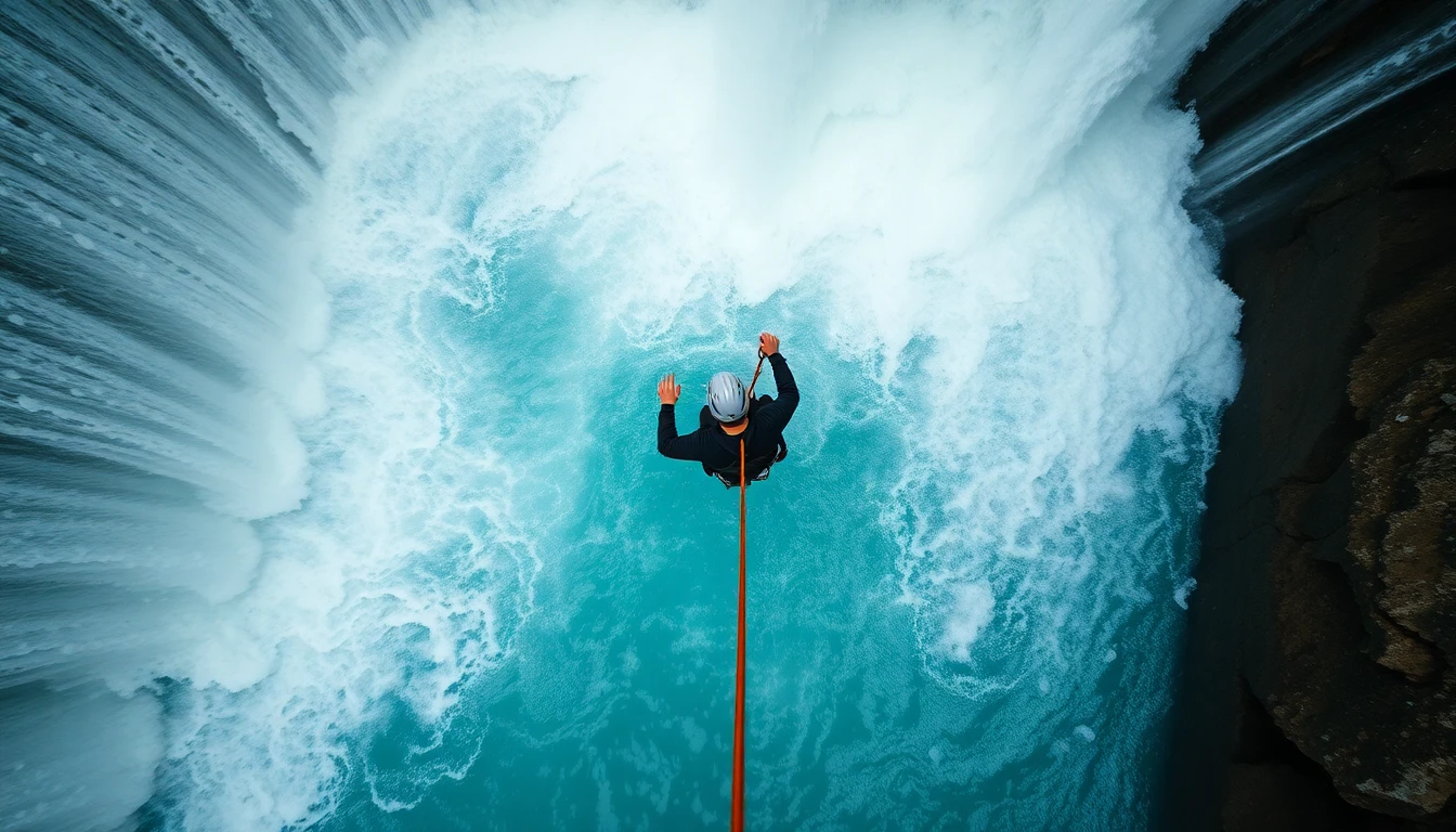 Vista de cima durante um rappel em cachoeira
