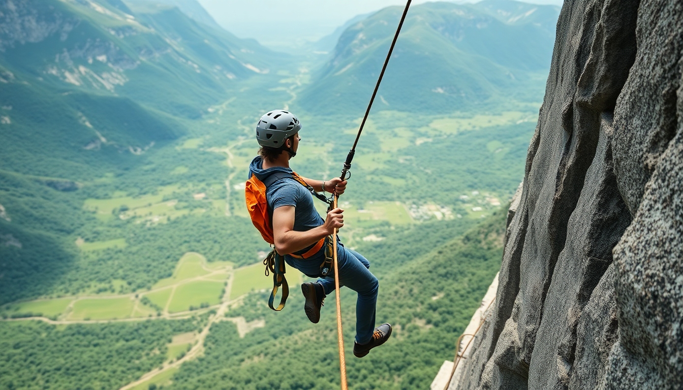 Pessoa praticando rapel em um penhasco