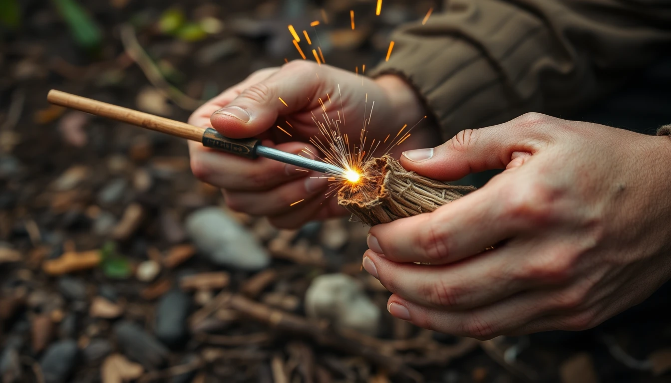 Pessoa fazendo fogo com pederneira